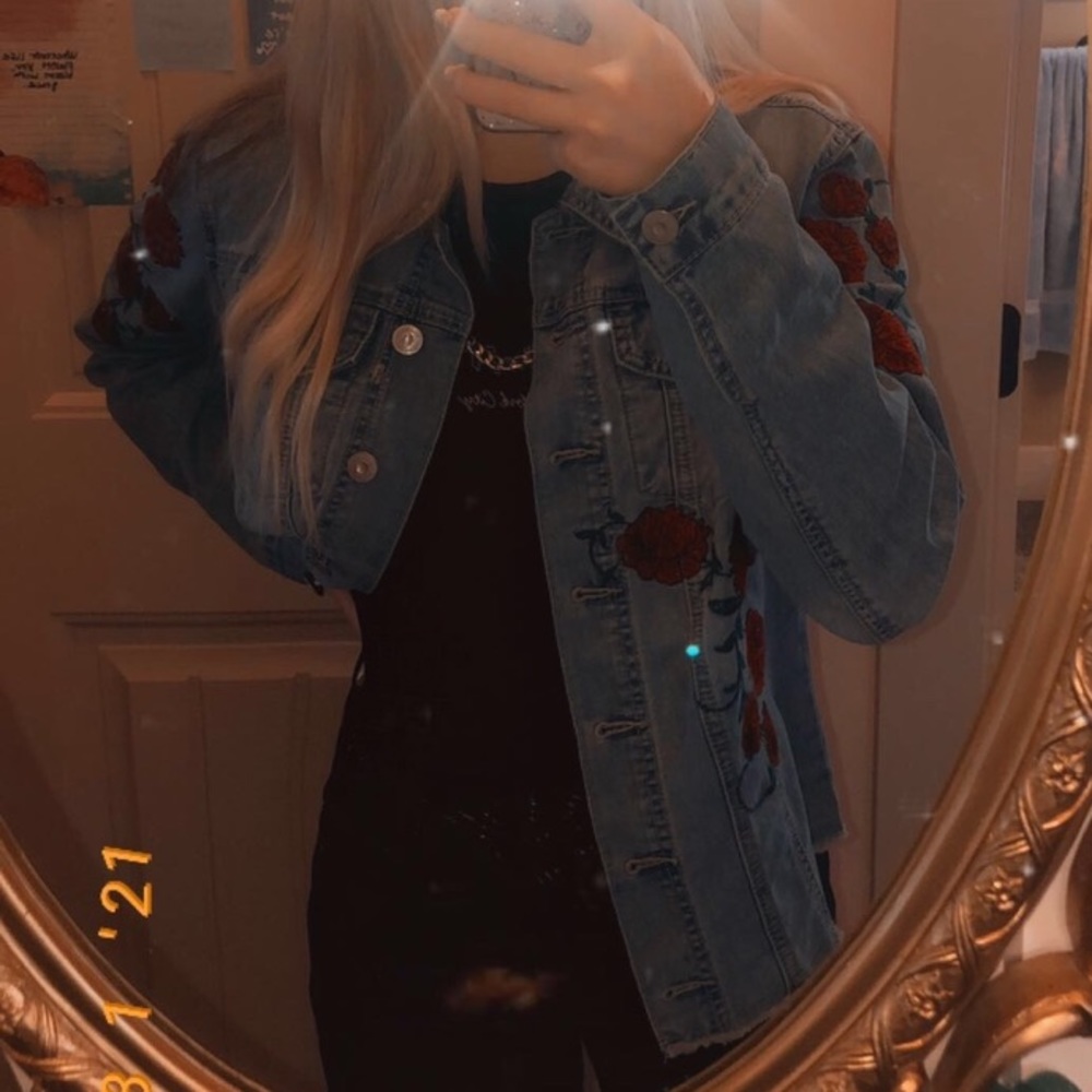 Blue Jean Jacket w/ Roses - Picture 2 of 3